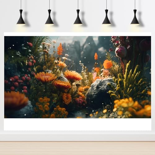 Foggy Stone Terrarium Background Green Seaweed Scenery Orange Floral Aquarium Background Durable Reptile Habitat Flower Background Mysterious Tank Backdrop Vinyl 24x12in - color: Orange, size: 24(W)x12(H)inches/ 60(W)*30cm(H)
