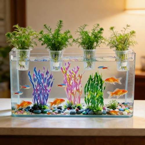 4 Pack Aquarium Plant Holder for Live Plants, Fish Tank Plant Holder with 24 Adjustable Hooks (3 Sizes) & 8 Aquarium Suction Cups, Plant Holder for Fish Tank for Pothos, Aquascape Decorations