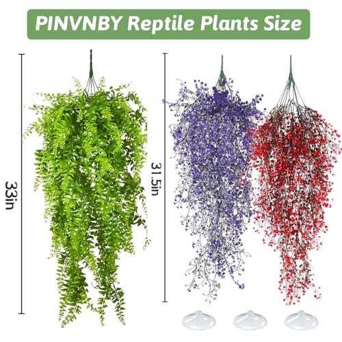 3 Pack Reptile Plants Terrarium Hanging Fake Vines with Suction Cup Artificial Leaves for Bearded Dragons Lizards Geckos Snake Hermit Crab (Green, Purple and Red) - color: 3 Pcs ( Green, Purple and Red )