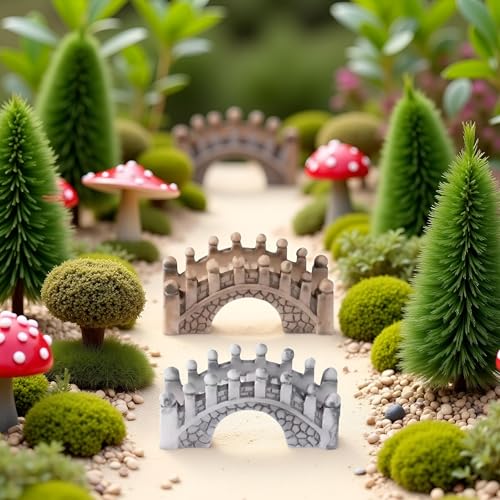 2 Pack Gray and Brown Miniature Stone Arch Bridges, Fairy Garden Ornaments for Dollhouse, Aquarium and DIY Micro Landscape Decor, Garden Bridges