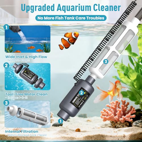 Electric Aquarium Vacuum Gravel Cleaner: Rechargeable Fish Tank Cleaner with 4 Adjustable Suction, Anti-Clog for Debris Clean & Sand Washing,Automatic Water Changer with 12V Safe for Small/Large Tanks