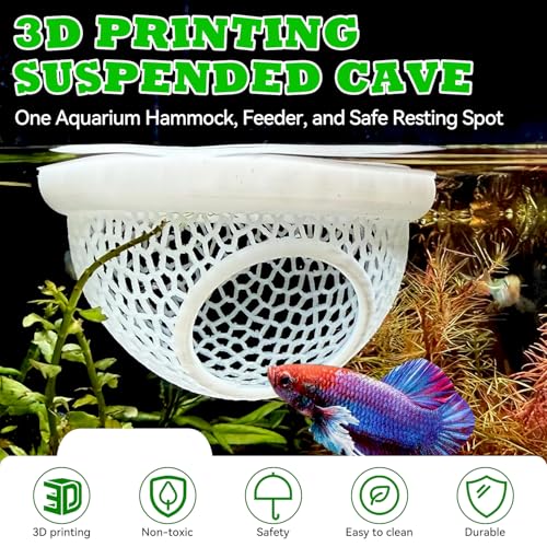Aquarium Betta Fish Feeding Station, Floating Ring with Cave Hammock, Fish Hide Decoration, White