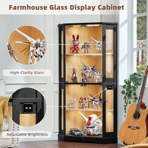 LELELINKY Farmhouse Glass Display Cabinet Set of 2 with Doors, Corner Curio Cabinet for Collectibles, Wooden Display Cabinets for Home, Office, Living Room, Corner, Black - color: Black, size: Set B