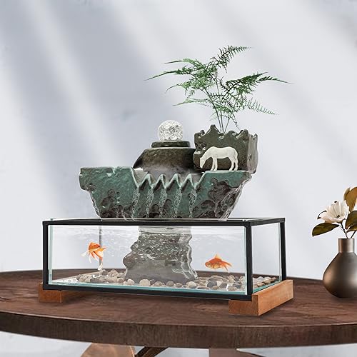 Desktop Water Fountains Indoors with LED Light, Eco Fish Tank for Home Office Decor, Rockery and Aquariums Water Fall Indoor for Living Room Office Deco, Relaxing Desktop Waterfall(16 * 8 * 5in)