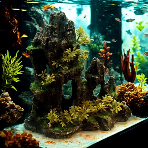 Aquarium Decorations Large Mountain View Stone Ornaments, Fish Tank Decorations Extra Large and Tall Aquarium Decor for Fish Tank Hideout Tree House Rock Cave for Small Fish Betta Hideaway Cave
