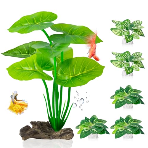 6 Pcs Aquarium Plants Fish Tank Decor，Artificial Driftwood with Textured Base Fish Tank Accessories Reptiles Plants Driftwood