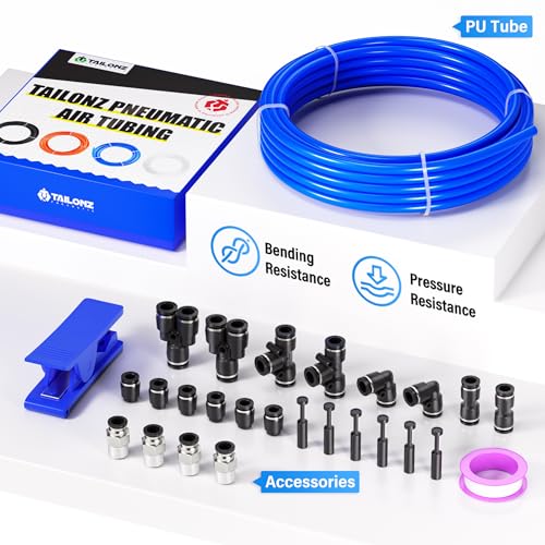 TAILONZ PNEUMATIC Blue 3/8 Inch OD 16 Meter 50ft PU Polyurethane Air Tubing Kit Pipe Hose Air Line Tubing Air Hose Fittings Push to Connect Fittings(27PCS) - color: Blue, size: 3/8" OD - 50 FT