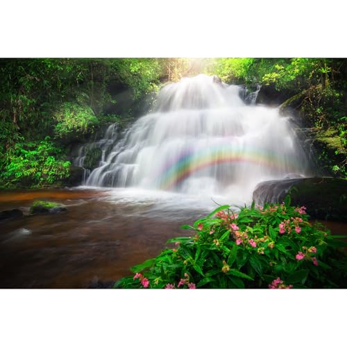 Waterfall Aquarium Background Rainforest Under Sunbeams Rainbows Terrarium Backgrounds Jungle Forest Stream Theme Fish Tank Backgrounds Falls Cascading Reptile Tank Enclosure Backgrounds 24x12in - color: Green_Pink, size: 24(W)x12(H)inches/ 60(W)*30cm(H)