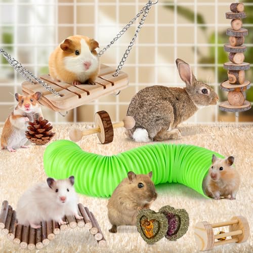 VESPRO Hamster Toys Set, Guinea Pig Toys Small Animal Chewing Toy and Rat Cage Accessories, Chinchillas, Gerbils, Rats, Rabbit Rodents Teeth Care, Apple Wood Timothy Hay Mouse Toy Swing Seesaw Bridge - size: 28Pack-hamster toys
