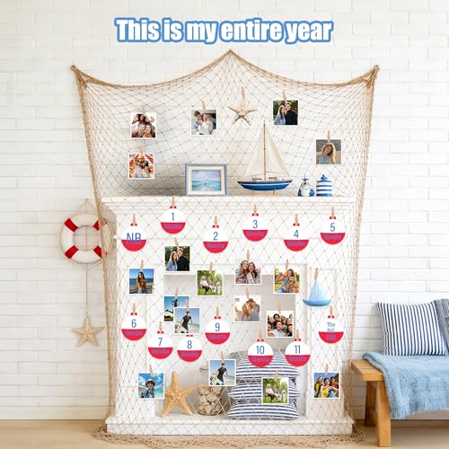 60x60 Inch Fishing Net Decor with Wooden Clips, Fishing Photo Banner The Big One Fishing Birthday Decoration Beige Natural Cotton Large Decor for Pirate Under The Sea Nautical Mermaid Themed Party