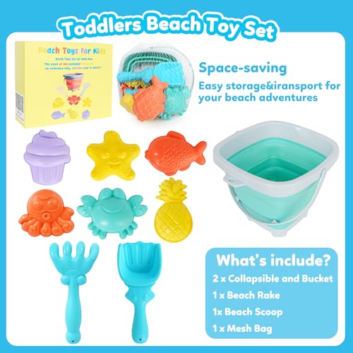 GKDOMS Kids Beach Toys Set with Collapsible Bucket, Sand Molds, Sand Rake and Shovel, Travel Sand Toys Sandplayset for Ages 2-6 (Single Multi) - color: Single Multi