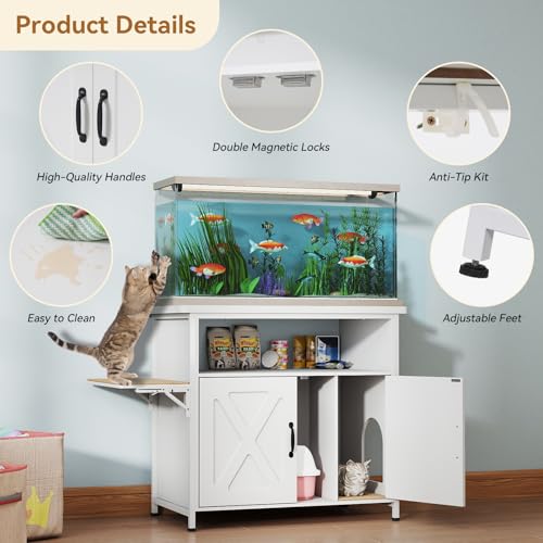 Verano Garden 40-50 Gallon Fish Tank Stand with Hidden Cat Litter Box Enclosure Furniture, Cat Viewing Aquarium Stand with Storage Shelf & Side Cat Perch, 36.2"x20.5" Tabletop, 660 LBS Capacity - color: White