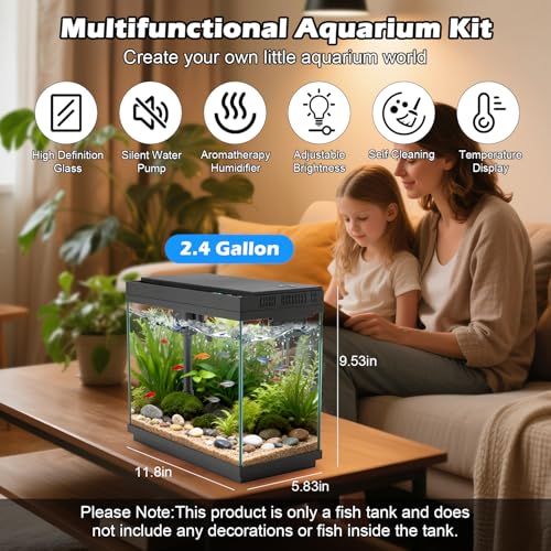 Smart Aquarium Fish Tank with Silent Water Pump, 2.4 Gallon Small Aquarium with Quick Start Kit, Temperature Display, Humidifier and RGB Lights, Perfect for Home, Office, and Decor, Black - color: 2.4 Gallon-Black