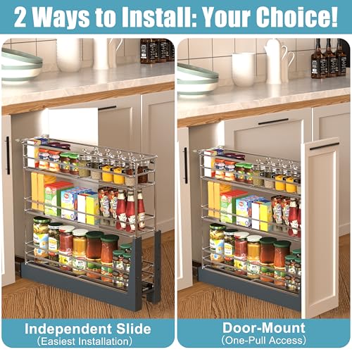 JOWBOOW 6 Inch Pull Out Cabinet Organizer (5.9" W), Fully Assembled Narrow Slide Out Spice Rack with Anti-Wobble Wheels& Door Mount Kit, Heavy Duty 3 Tier Pantry Storage for Base Cabinets - size: 6"W Bottom-Mount