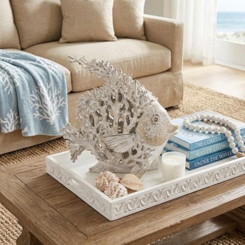 QIANLING Beach Coastal Decor Coral Reef Angelfish Figurines, Modern Nautical Decor Ocean Centerpieces for Living Room, Bathroom, Office, Coffee Table, Beach House, Seaside, Entrance, Shelf Decorative - color: Sandstone White, size: Large