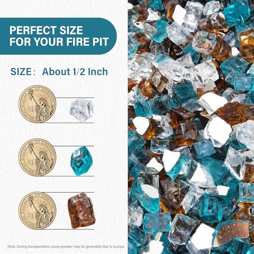 NUPICK 10 Pound Fire Glass, 1/2 Inch Reflective Fire Pit Glass, Tempered Firepit Glass Rock for Propane or Natural Gas, Glass Rocks for Fire Pit Table or Fireplace, Aqua Blue & Copper & Platinum Mix - color: Aqua Blue & Copper & Platinum Mix, size: 10 Pou