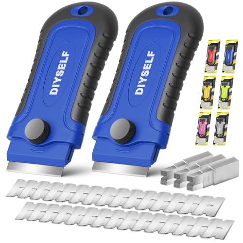 DIYSELF 2 Pack Razor Blade Scraper with 30 Pcs Extra Blades, Scraper Tool for Cleaning, Glass, Stickers, Paint Scraper, Razor Scraper, Glass Scraper, Razor Scraper Tool, Glass Stove Top Scraper - color: Blue, size: 2 Pack