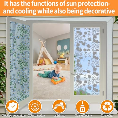 One Way Privacy Film, Window Tint for Home,Daytime Reflective, Anti UV Static Cling Sliding Door Coverings No Glue Garage Solar Paper (Silver -Daisy, 17.5 x 78.7 in) - color: Silver-daisy, size: 17.5 in X 78.7 in