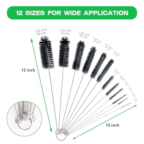 Brush Family Straw Cleaner Brush Set,12 Pieces Extra Long Pipe Water Bottle Brushes for Cleaning Reusable Drinking Straws,Bird Feeders,Pipes,Black (12pcs Different diameters Set) - size: 10-12 inch mixed diameters set (12pcs)