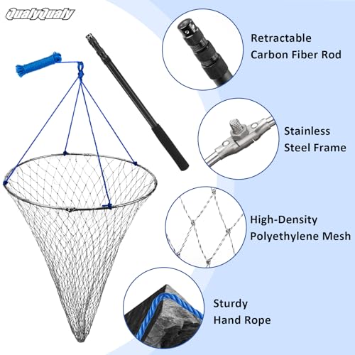 QualyQualy Foldable Pier Fishing Net 23" with Rust-Proof Stainless Steel Ring & Heavy-Duty Poly Mesh | Saltwater & Freshwater Landing Net for Kayak, Bridge Fishing Lightweight Durable Design - color: Gray, size: With Handle