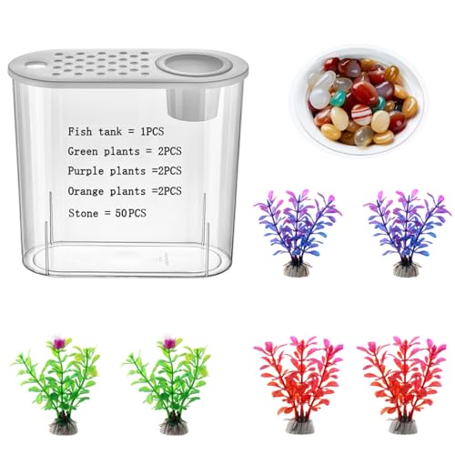Small Fish Tank 2 Gallon, Desktop Mini Fish Tank, Starter Kits Betta Fish Tank with Decor Stones and Water Grass Decorations for Home or Office