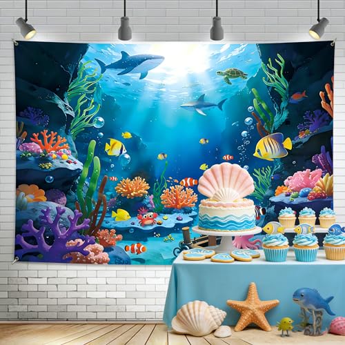 8x6Ft Under The Sea Backdrop Polyester Ocean Backdrop Under The Sea Themed Party Decorations for Girls Boys Birthday Party Photography Background Photo Booth Prop with Ribbon - color: Under The Sea, size: 8×6 ft