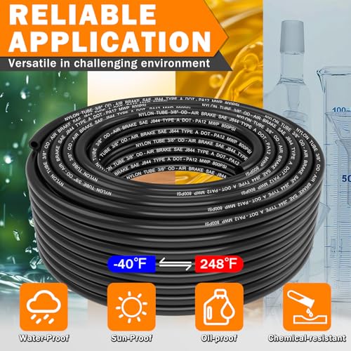 CheeMuii 100 FT 3/8 Pneumatic Tubing 3/8" PA12 Nylon DOT Air Line SAE J844 DOT Air Hose 30.5 Meter 3/8 Inch OD Pneumatic Air Tubing Pipe Hose Line - color: Black, size: 3/8"OD-100FT