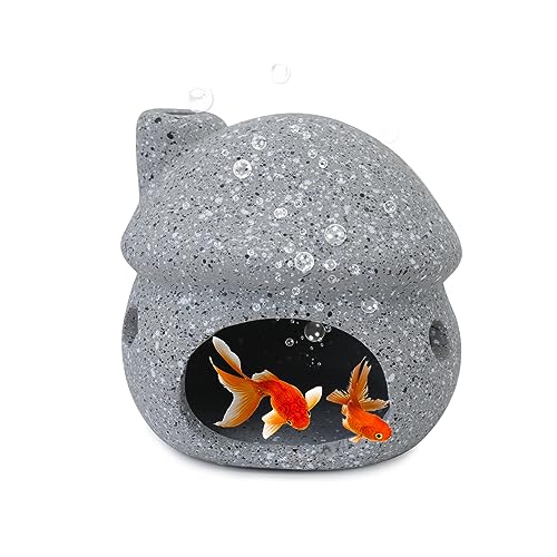 WishLotus Aquarium Cave Decoration, Durable Ceramic Fish Tank Decoration Mushroom House Aquarium Hidden Cave for Fish and Shrimp Rest Play and Natural Breeding (Grey) - color: Gray