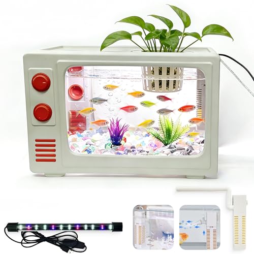 2.5 Gallon Fish Tank Aquarium Kit with LED Lights, Filter & Plant Planter - Retro TV Shaped Design Desktop Water Garden for Betta/Goldfish (White - 2.5 Gallon) - color: White - 2.5 gallon
