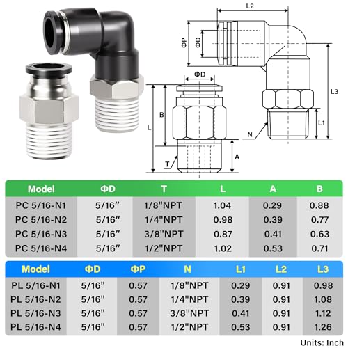 TAILONZ PNEUMATIC Elbow and Straight Combination 5/32 Inch Tube OD x 1/4 Inch NPT Thread Push to Connect Fittings PC-5/32-N2+PL-5/32-N2(Pack of 12) - size: 5/32"OD x 1/4"NPT