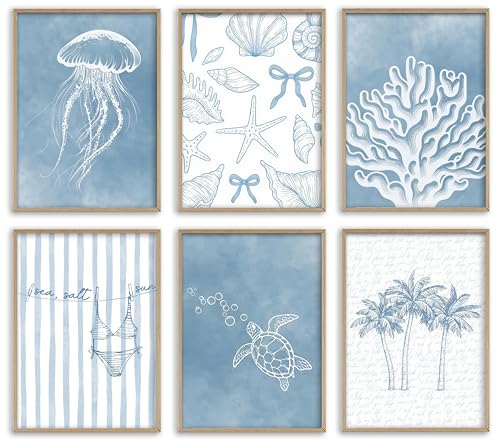 Tropical Ocean Life Wall Art Set of 6, Watercolor Blue Coastal Canvas Prints with Jellyfish、Turtle、Coral, Unframed Marine Theme Wall Decor Posters for Bathroom Kid’s Room Home Decoration 12x16inch - color: Tropical Ocean Life, size: 12x16in