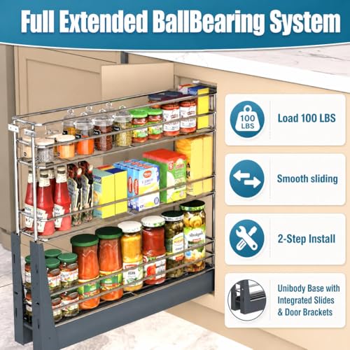 JOWBOOW 6 Inch Pull Out Cabinet Organizer (5.9" W), Fully Assembled Narrow Slide Out Spice Rack with Anti-Wobble Wheels& Door Mount Kit, Heavy Duty 3 Tier Pantry Storage for Base Cabinets - size: 6"W Bottom-Mount