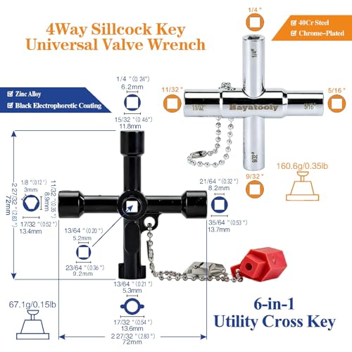 4-Way Water Key, Premium Sillcock Key, Radiator Bleeder Key Multi-Functional Shut off Tool for 1/4", 9/32", 5/16", 11/32" Valve & Spigot, Ideal for Home, Public & Commercial