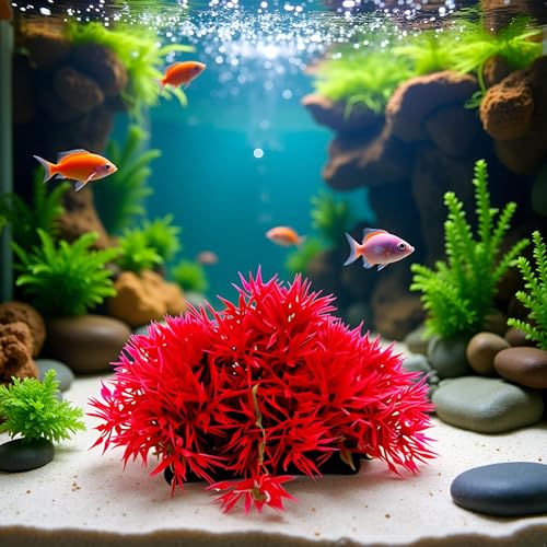 Red Artificial Flowers, Fake Flowers, Artificial Pine with Base Grass Fish Tank Ornament Aquatic Plant Landscape Decor, Aquarium Décor Plastic Plants