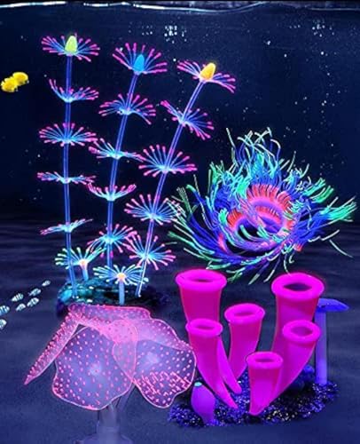 ZtohPyo 4 Pieces Aquarium Fish Tank Decorations with Glowing Effect, Silicone Glow Artificial Ornament Coral Reef Plants for Aquarium Decoration Small and Large Fish Bowl Decor Accessories