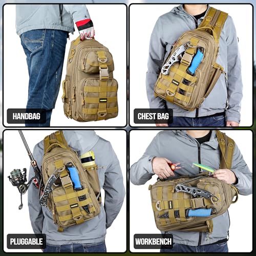 PLUSINNO Fishing Backpack Tackle Bag, Water-Resistant Backpack with Rod Holder, Ideal Gifts for Men - color: Khaki Backpack With 4 Boxes