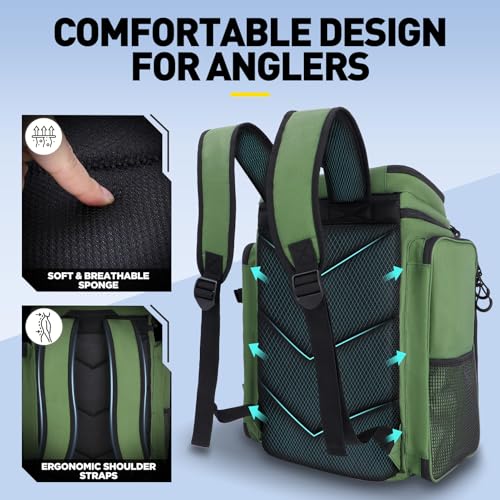 PLUSINNO Fishing Backpack with Rod Holders 4 Tackle Boxes, 42L Large Water-Resistant Fish Tackle Bag Store Fishing Gear, Camping, Hiking Gifts for Men Father, Green - color: Green With 4 Tackle Boxes