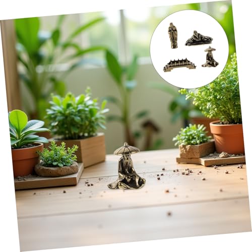 GLEAVI 4pcs Miniature Brass Fisherman Figurines Set with Monk, Bridge, and Elderly Musician – Chinese Fisherman Sculpture for Garden, Aquarium, and Terrarium Decor
