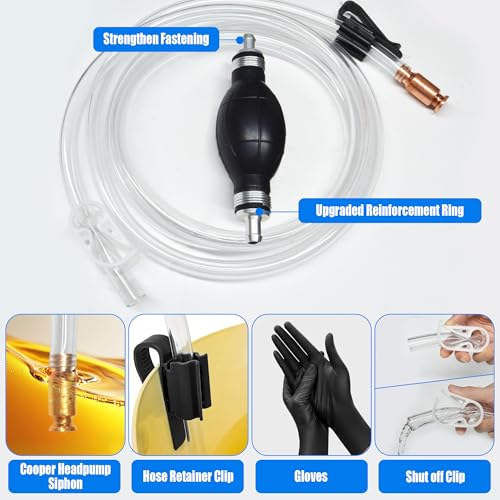 Fuel Transfer Pump, Gas Siphon Pump for Gasoline, Manual Hand Gasoline Transfer Pump for Fuel, Oil, Diesel, Water, Liquid, Fluid with 10 Ft PVC Siphon Hose, Brass, Pinch Clips and Gloves（15mm）