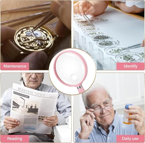 Feosky Handheld Reading Magnifier, 10X Magnifier, 90mm Shatterproof Lens, Non-Slip Handle for Adults Close Work, Seniors Reading and Nature Exploration, Hobby Observation(Pink) - color: Pink, size: 90mm