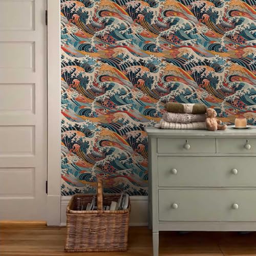 Watercolor Red/Yellow/Blue Japanese Sea Wave Peel and Stick Wallpaper Wall Decor Self Adhesive Wall Paper Stick on Easy Peel Off Contact for Renter Apartment - color: Red/Yellow/Blue, size: 17.7" x 118"