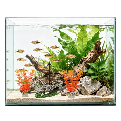 Aquarium Shipwreck Decoration Set Resin Fish Tank Ornaments Accessories for Undersea Aquarium Landscape Decor, Wreck Ship Ornament x 1pc, Aquatic Plants x 2 pcs