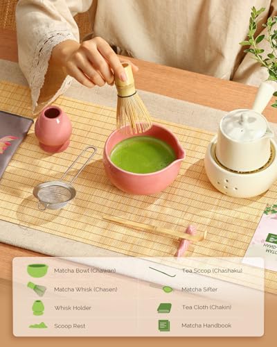 Maestri House Pink Matcha Whisk Set, 7-Pc Complete Matcha Kit with Spouted Ceramic Bowl, Bamboo Whisk and Holder, Scoop, Spoon Rest & Sifter, Tea Cloth – Ideal Gift for Matcha Lovers (Pink) - color: Pink