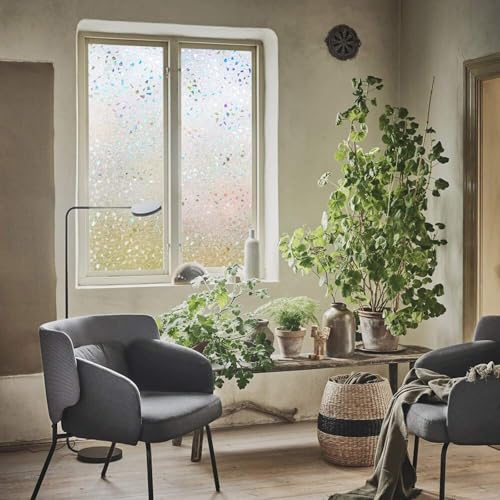 LEMON CLOUD Frosted Window Privacy Film,Stained Glass Static Cling,Decorative Rainbow Window Cling, Heat Control UV Blocking Removable Window Tint for Home Kitchen Bedroom Non-Adhesive,17.5" x 157.4" - color: Clear-rubble Pattern, size: 17.5 x 157.4 Inch