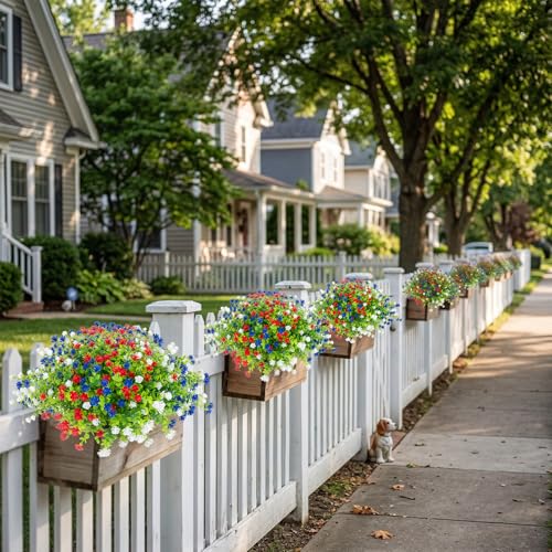 Hananona 12 Pcs Artificial Flowers Outdoor, Faux Artificial Plants UV Resistant Plastic Patriotic Flower Bulk for 4th of July Hanging Planter Porch Window Home Summer Decor 12, Red, White, Blue - color: Red, White, Blue