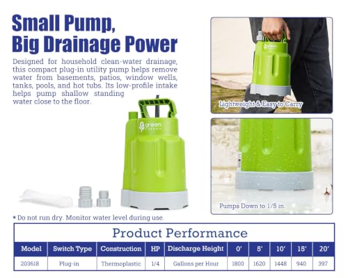 Green Expert 1/4HP Submersible Sump Pump, High Flow 1800GPH, 28FT Max Head, Portable Utility Water Pump for Basement Flooding, Emergency Water Removal, Pool, Hot Tub, Garden Drainage