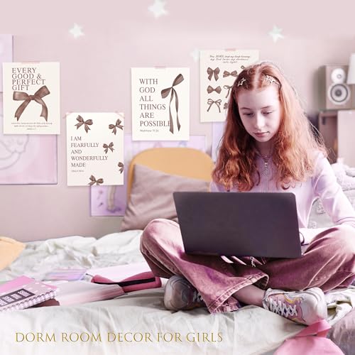 LARTSFRO Coquette Brown Bow Wall Art Decor Posters, Chocolate Brown Bow Room Bedroom Bathroom Dorm Wall Art Decor Aesthetic for College Teen Girls Gifts, Inspirational Bible Verses Bow Wall Decor, 10x8 Inch Set of 4 Pcs Bow Pictures (UNFRAMED) - color: br