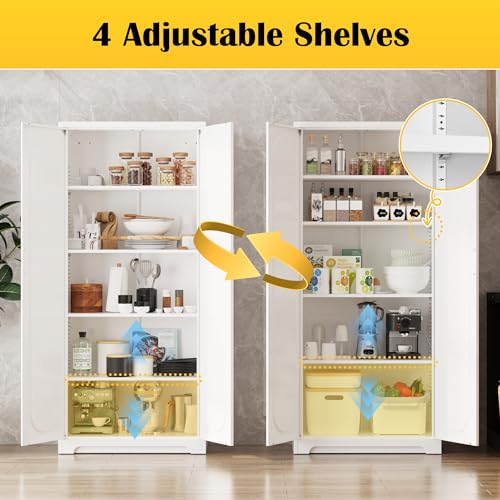 SteeLoong Kitchen Pantry Cabinet,71”Metal White Storage Cabinet with Doors and Shelves,Tall Cabinet with 2 Gold Hands for Dinning Room,Living Room - color: White, size: 71"H Arc