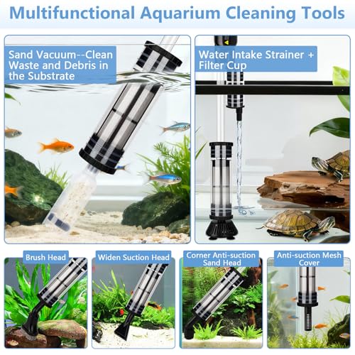 AQQA Upgraded DC 18W Electric Aquarium Vacuum Gravel Cleaner, Anti-Clog Pre-Filter Design, 7-in-1 Multifunctional Fish Tank Cleaning Kit for Dirt Removal, Water Change, Sand Washing, Turtle Shower
