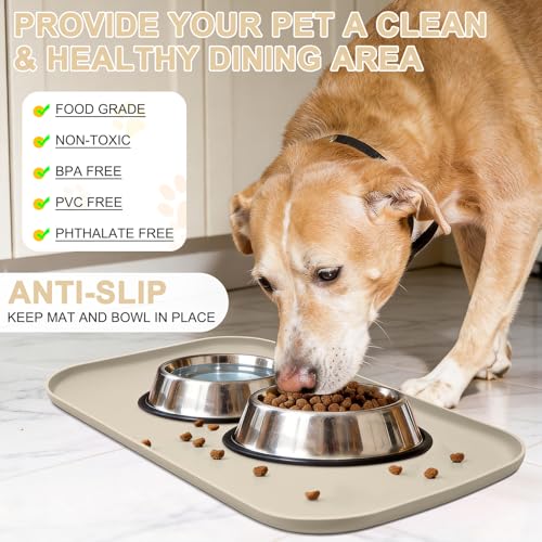 SMILOOL Silicone Pet Food Mat with Raised Edge for Food and Water Bowl, Dog Feeding Mats, Cat Food Trays for Floor Waterproof, Rubber Tray for Dogs and Cats, 19 x 12 x 0.7 Beige - color: Beige, size: 19"L x 12"W
